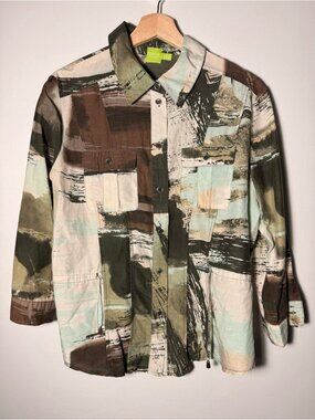 Adam Jacobs Cotton Silk Brushstroke Shirt Jacket - Olive, Brown & Cream size M